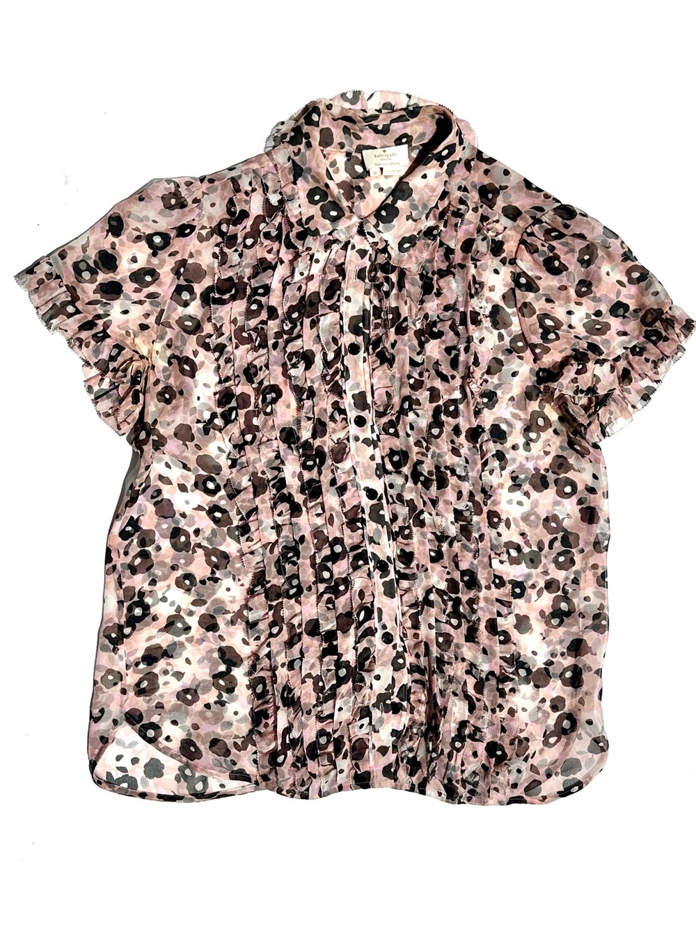 Kate Spade Silk Chiffon Pink Floral Ruffle Front Blouse Short Sleeves, M